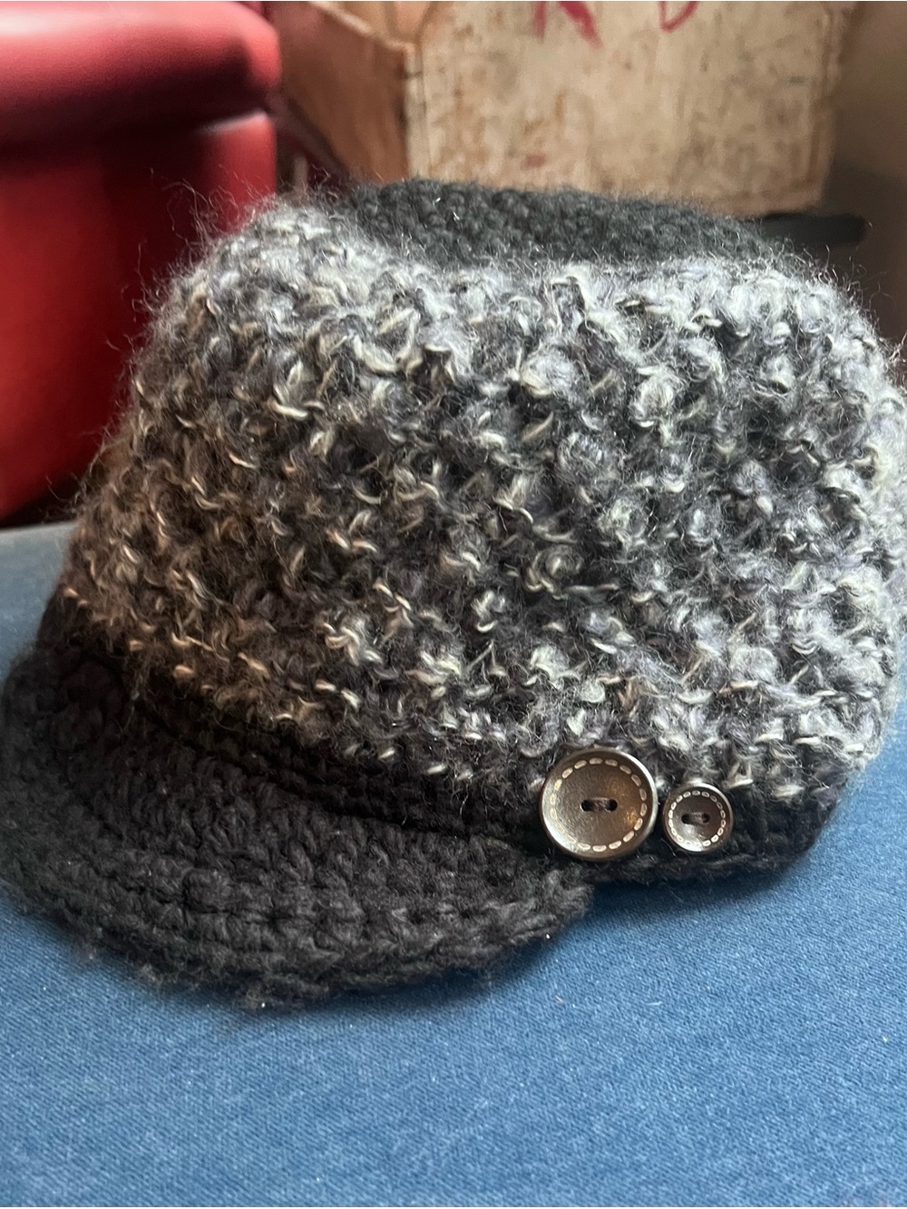 Vintage Turtle Fur Chunky Knit Brimmed Beanie Hat Black Grey One Size